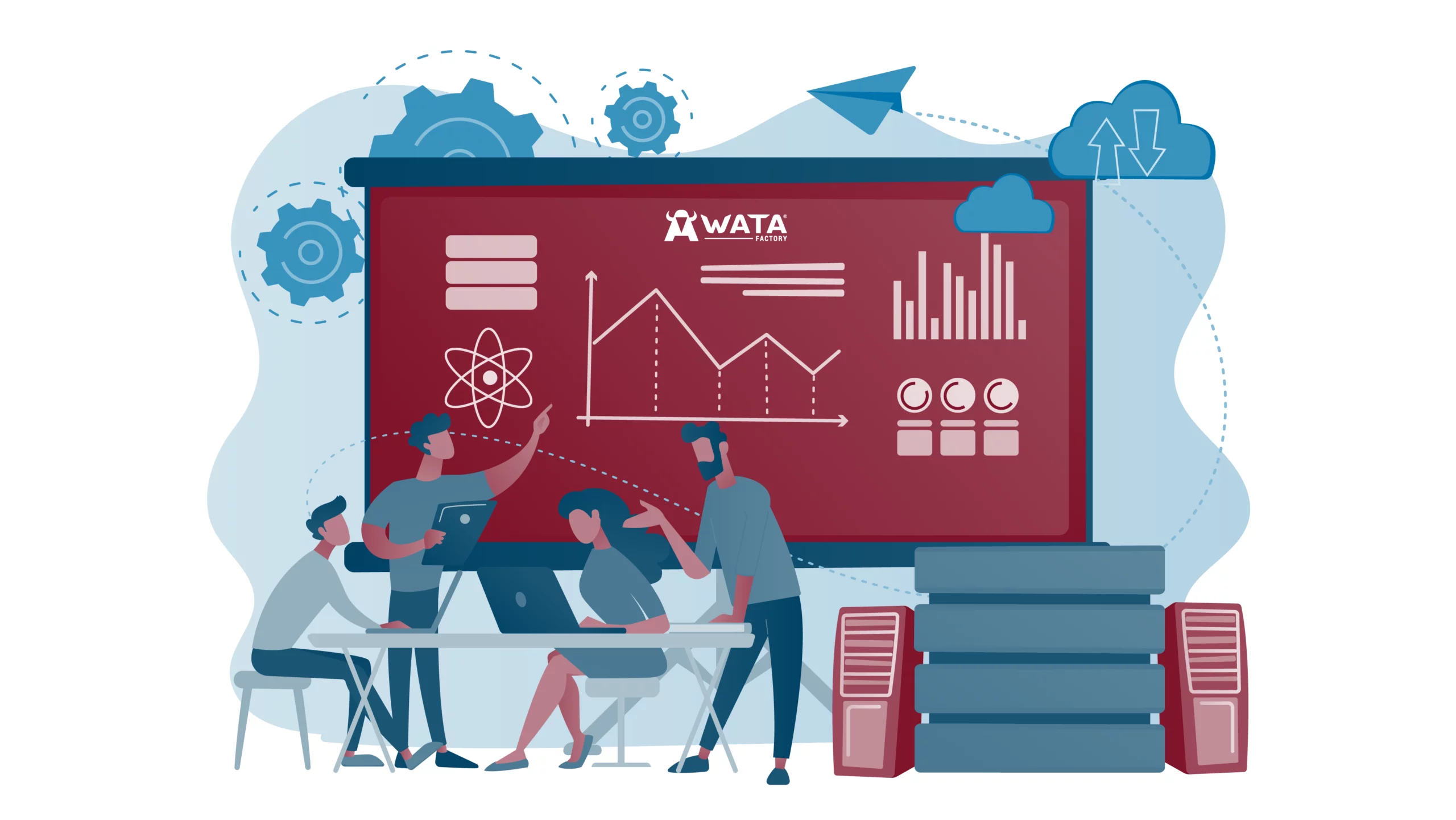 Illustration of a group of people collaborating in front of a large screen with charts and data, representing hands-on learning and teamwork during internships at WATA Factory.