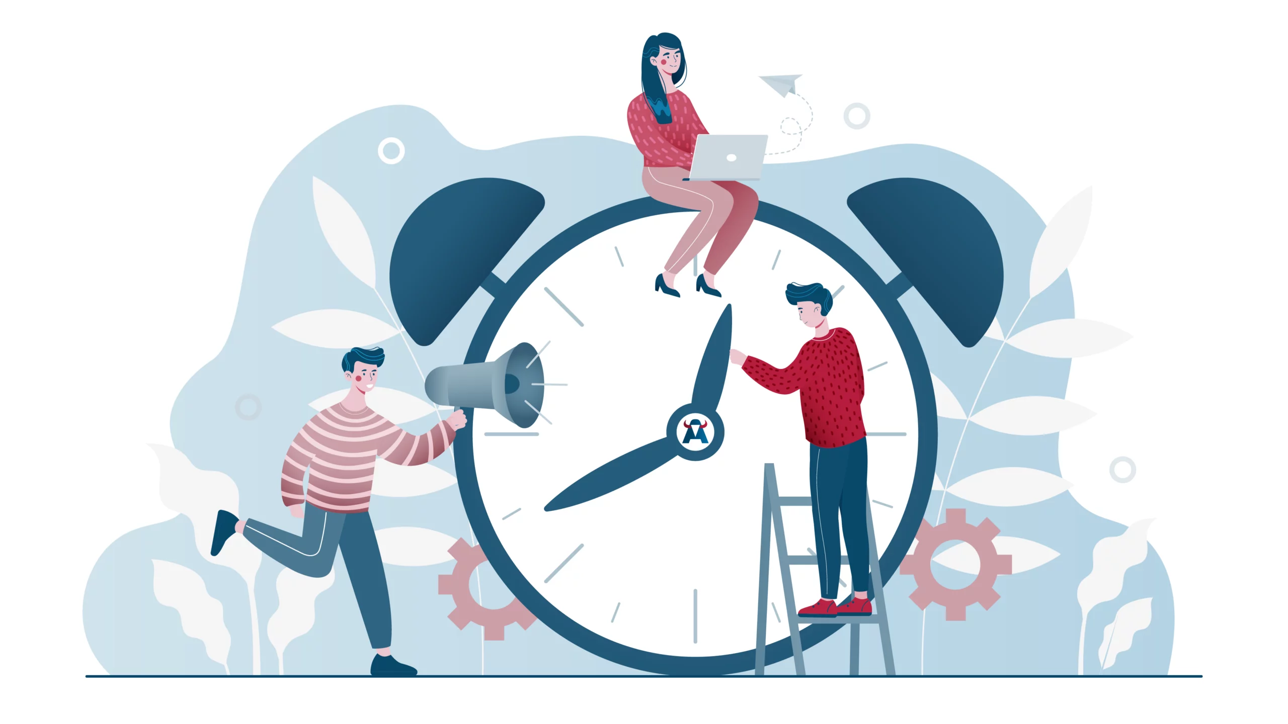 Ilustración de tres personas gestionando el tiempo frente a un gran reloj, representando el equilibrio entre vida laboral y personal en WATA Factory.