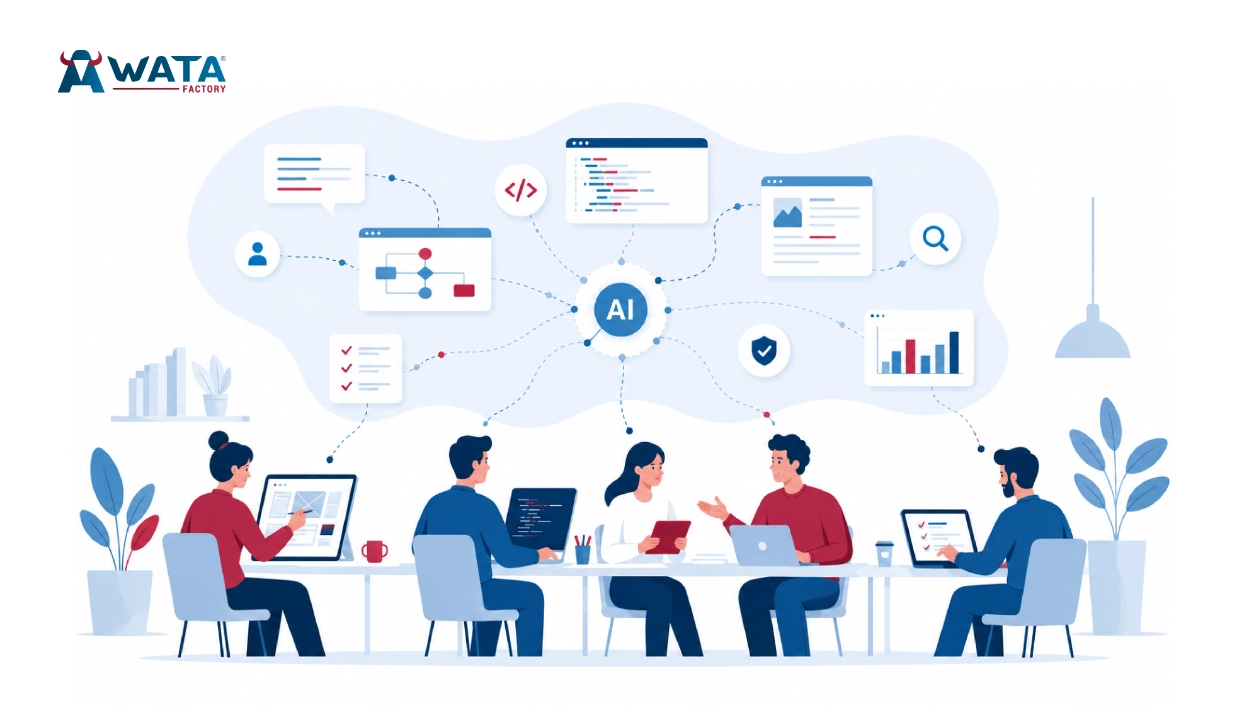 WATA Factory team collaborating in an AI-driven workspace connecting product design, development, QA and business workflows.
