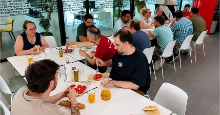 The WATA Factory team enjoying a traditional Andalusian breakfast before the start of the Ibérica Labs technical sessions.