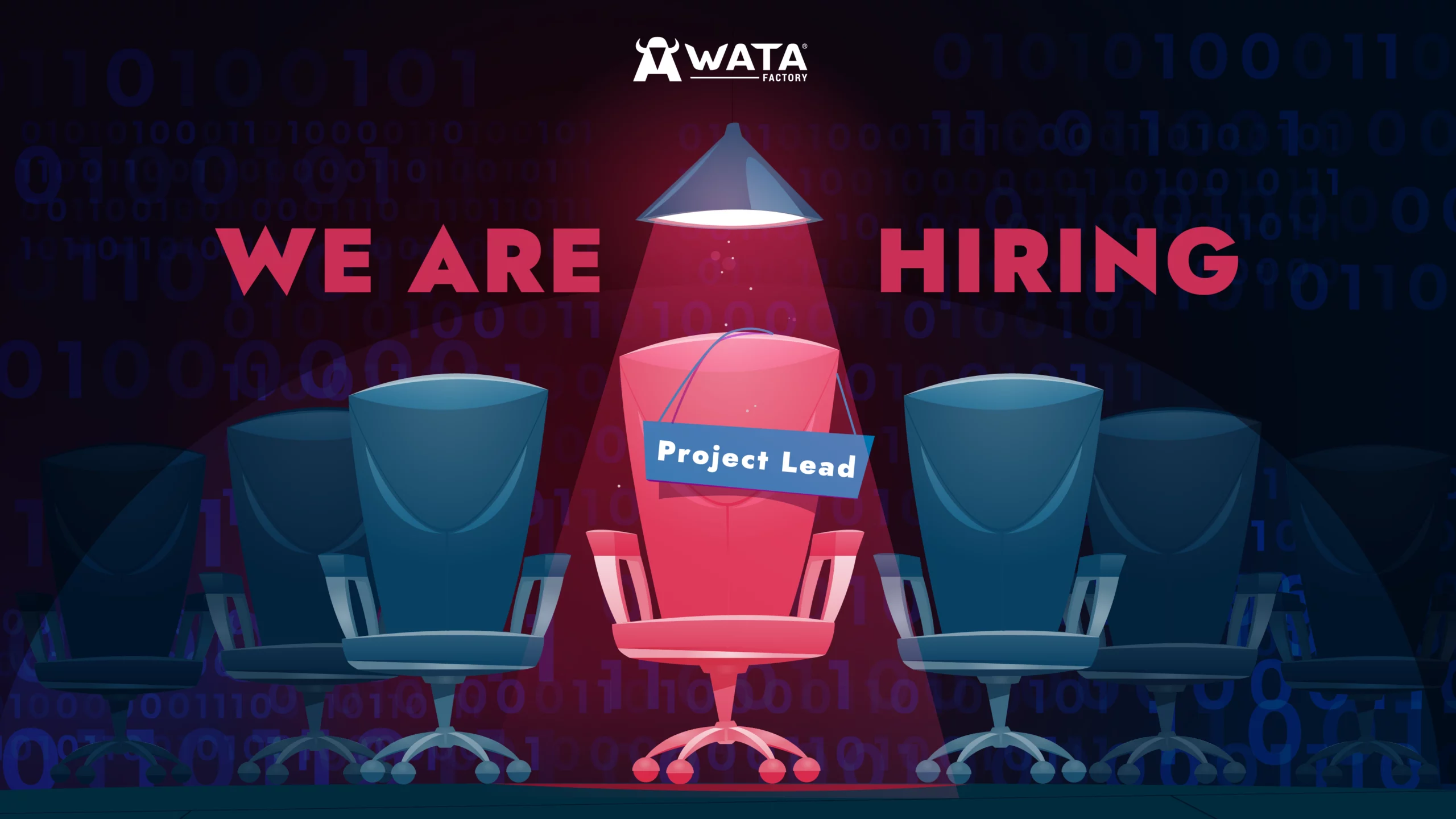 WATA Factory sucht einen Project Lead. Illustrierte Bürostühle unter einem Scheinwerfer, wobei der zentrale rote Stuhl hervorgehoben und mit „Project Lead" beschriftet ist, vor einem dunklen Hintergrund mit Binärcode.