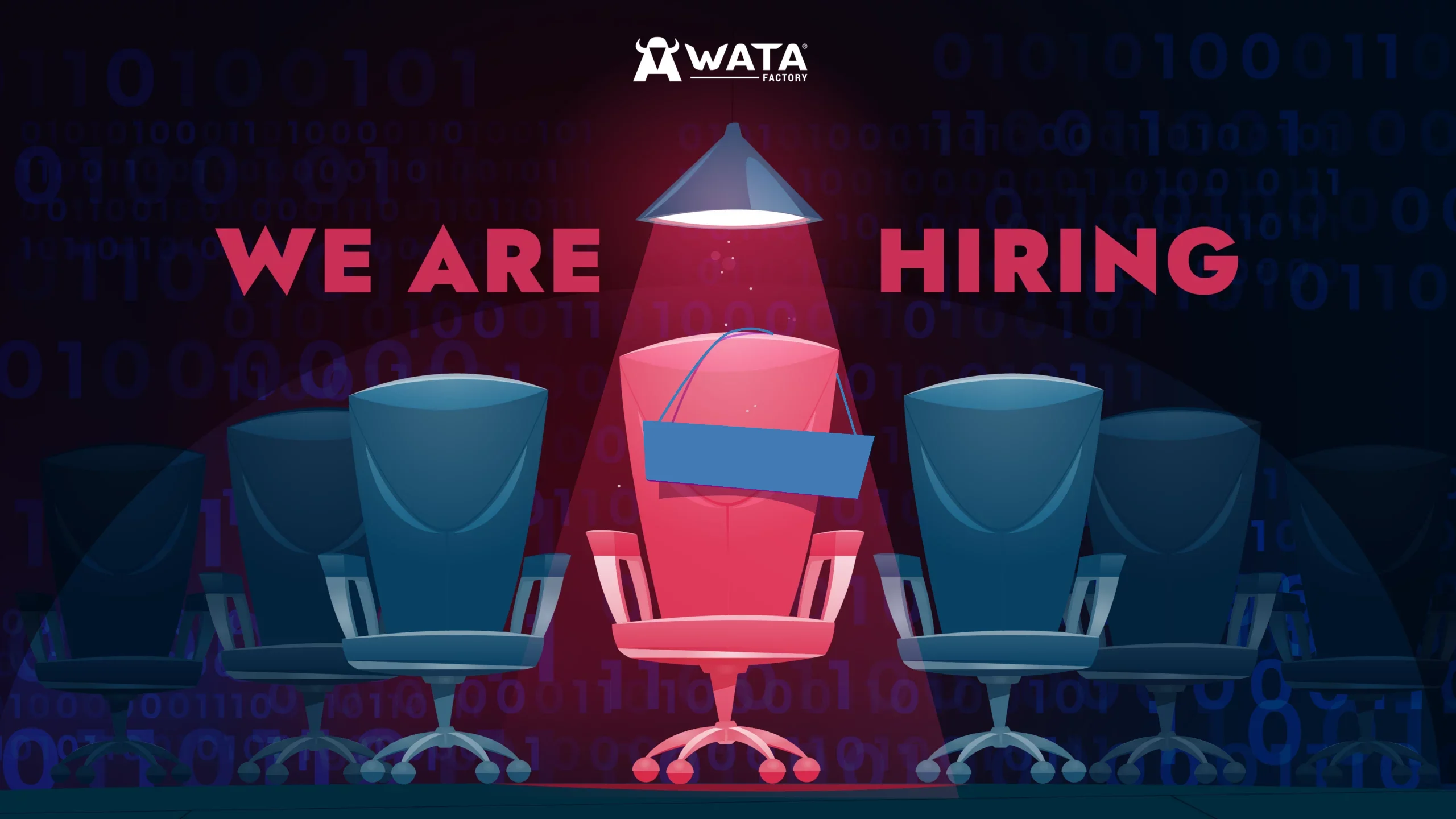 WATA Factory hiring banner showing several office chairs in the dark. One red chair under a spotlight labeled “M365 Migration Consultant” highlights the open position and invites candidates to apply.