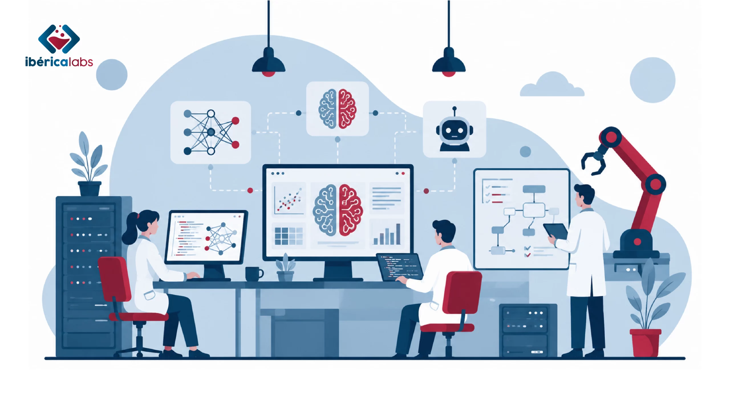 AI research lab illustration showing developers and engineers collaborating with machine learning systems, AI workflows, neural networks and automation tools inside a modern technology workspace.