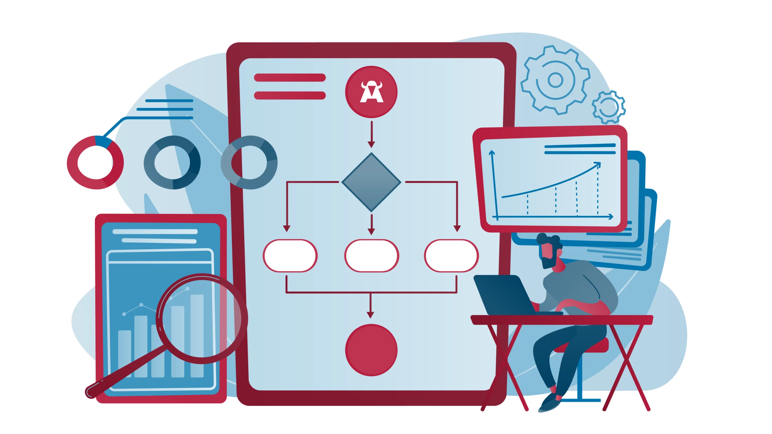Ilustración vectorial de arquitectura de aplicación web con flujo de datos reactivo, componentes frontend y analítica, representando desarrollo moderno con frameworks como Angular.