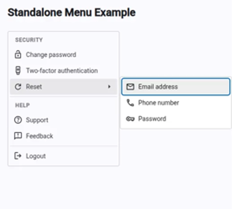 Captura de pantalla de un ejemplo de menú independiente de Angular que muestra un menú de navegación de seguridad y ayuda. La sección de Seguridad contiene opciones para 'Cambiar contraseña', 'Autenticación de dos factores' y 'Restablecer'. La opción Restablecer está expandida, mostrando un submenú con 'Dirección de correo electrónico' (resaltada), 'Número de teléfono' y 'Contraseña'. La sección de Ayuda incluye 'Soporte', 'Comentarios' y 'Cerrar sesión'.