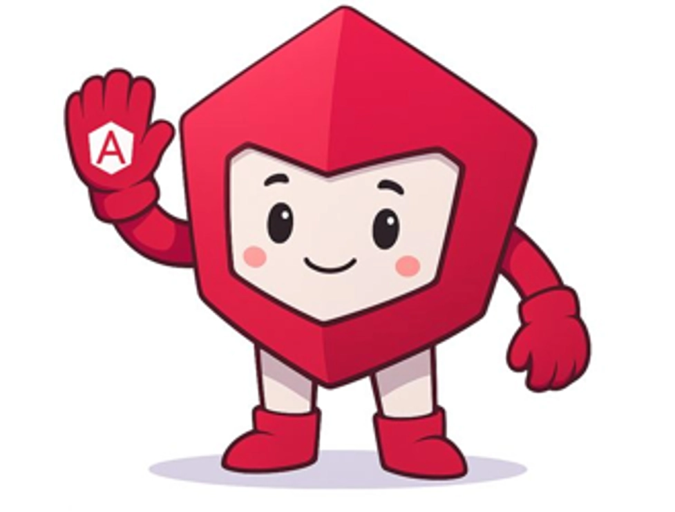 La mascota oficial de Angular, un simpático personaje de dibujos animados con un cuerpo rojo en forma de escudo geométrico, que lleva guantes y botas rojas. El personaje tiene una cara adorable y sonriente con mejillas sonrosadas, y saluda con su mano derecha, en la que se muestra el logotipo de Angular: un escudo blanco con la letra 'A' en rojo.