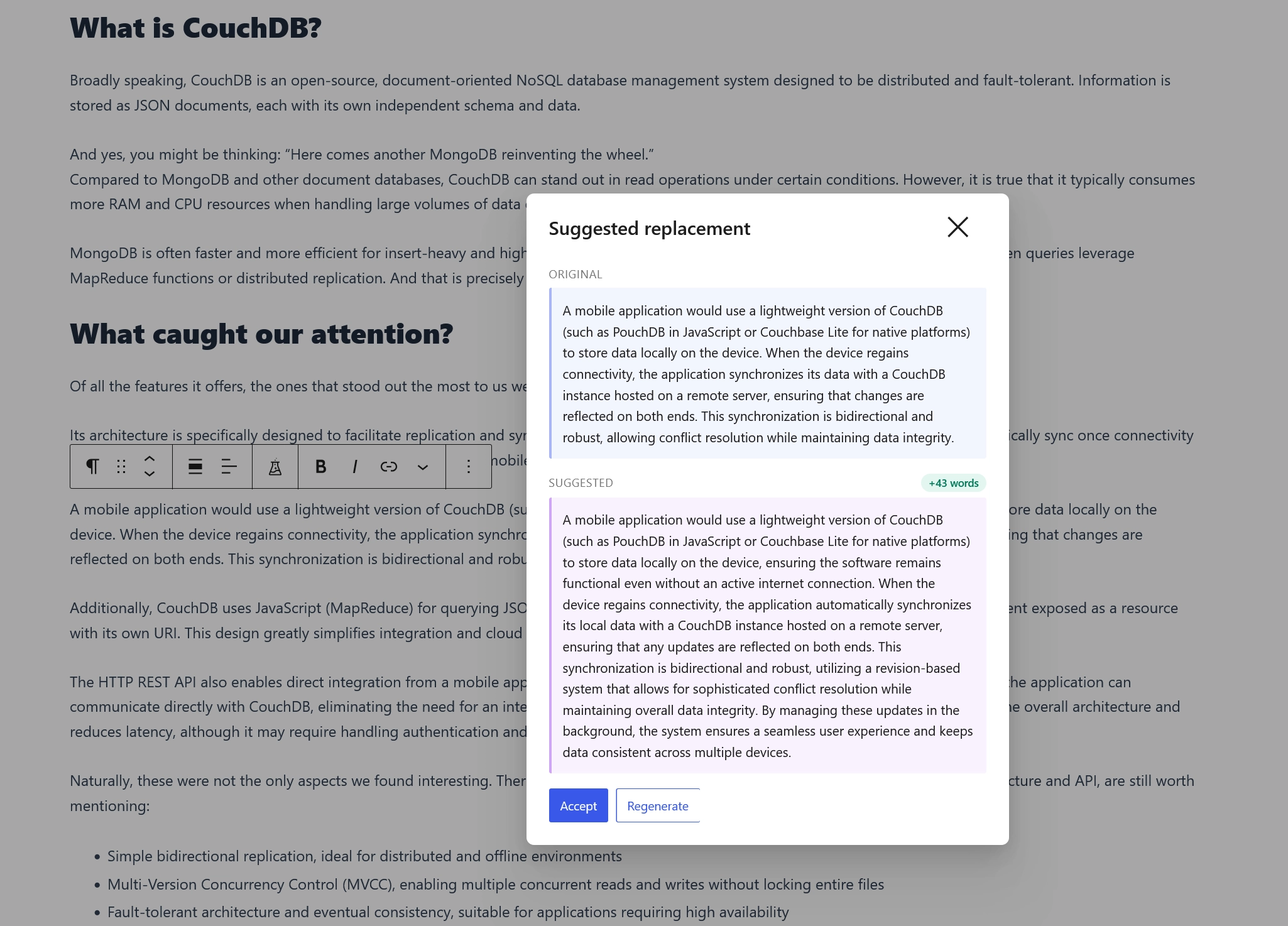 WordPress editor popup comparing original and AI-expanded paragraph text with an option to accept or regenerate.