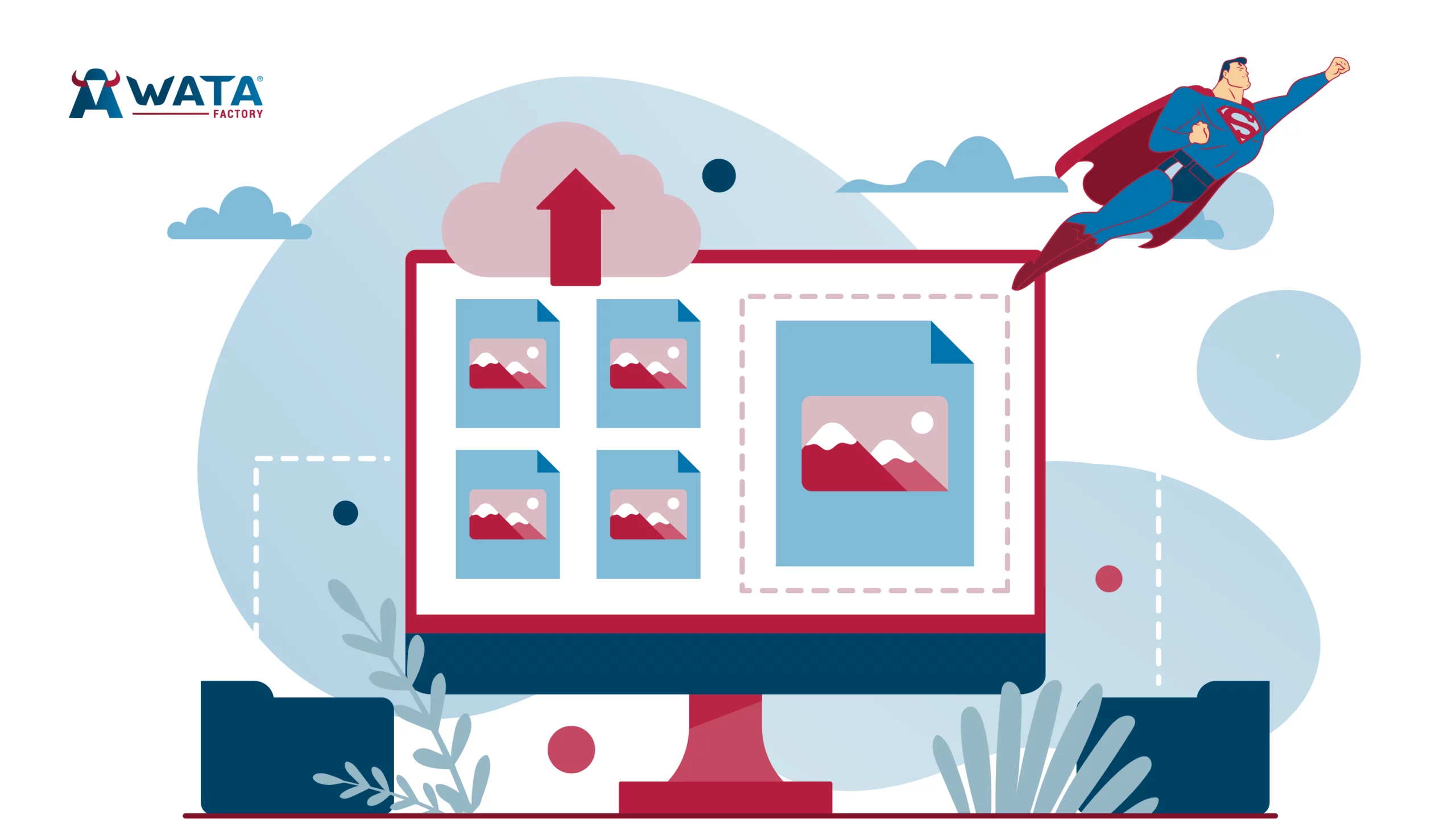 Ilustración de una pantalla web con imágenes optimizadas y una nube de subida, mientras un superhéroe vuela, simbolizando velocidad y rendimiento.