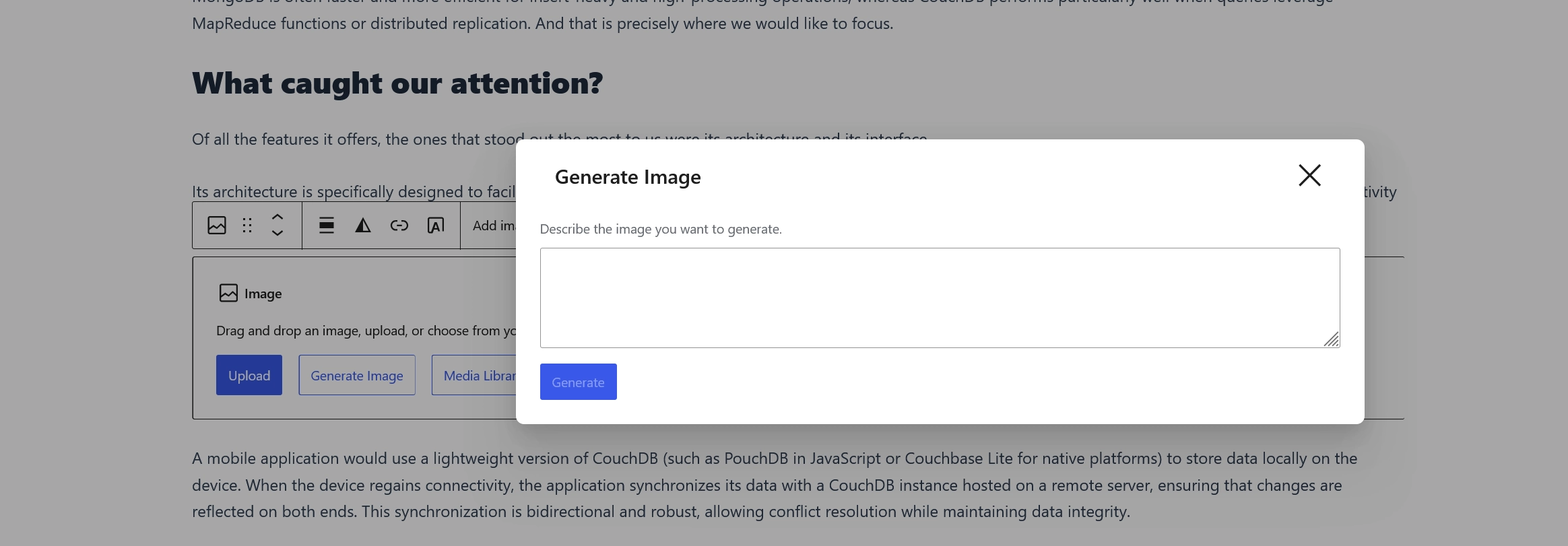 WordPress image block popup with a text field to describe and generate an AI image.