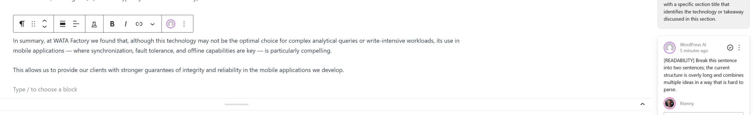 WordPress editor toolbar with the AI review icon activated, showing a readability suggestion and author reply in the sidebar.