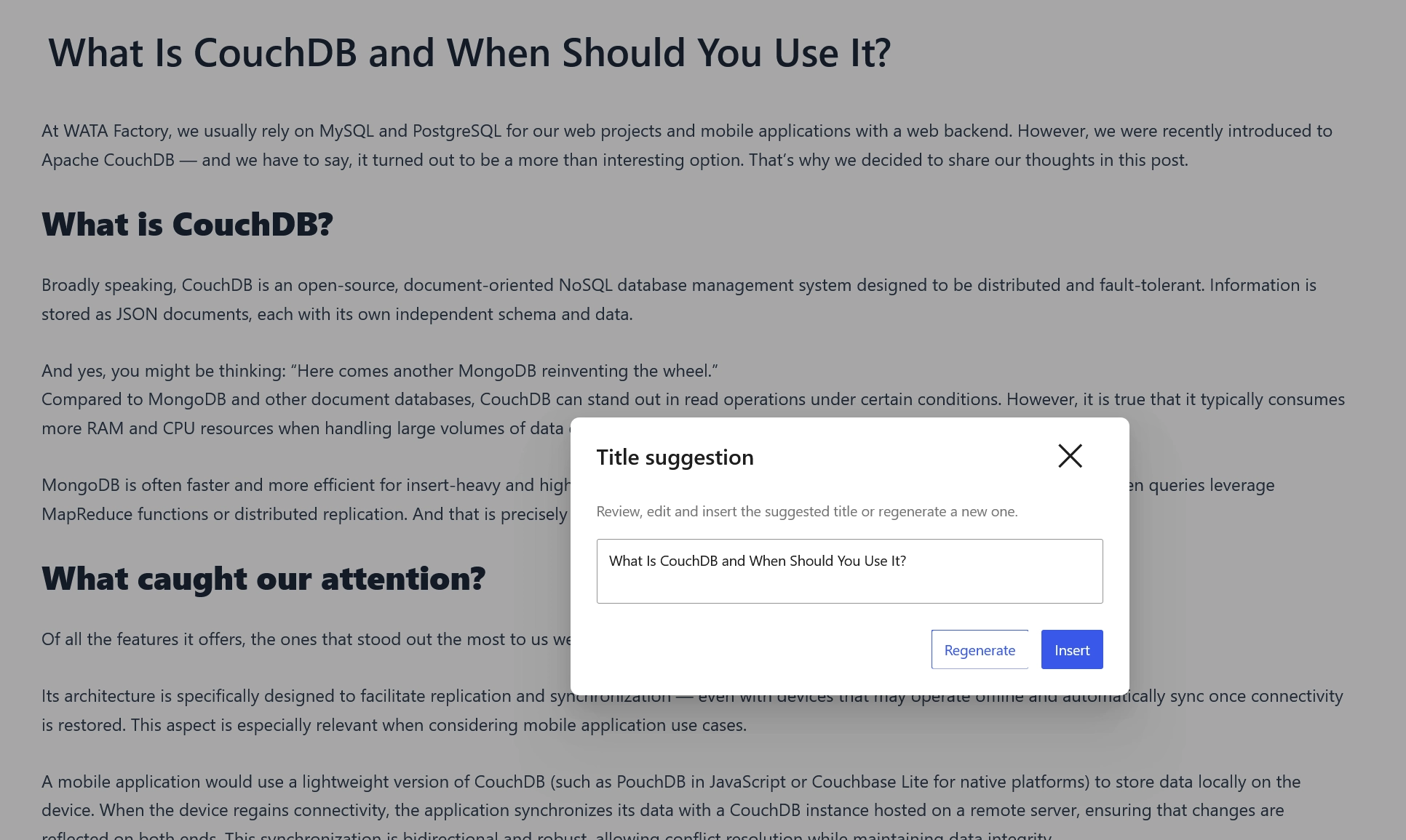 WordPress editor popup showing an AI-suggested blog post title with options to insert or regenerate.