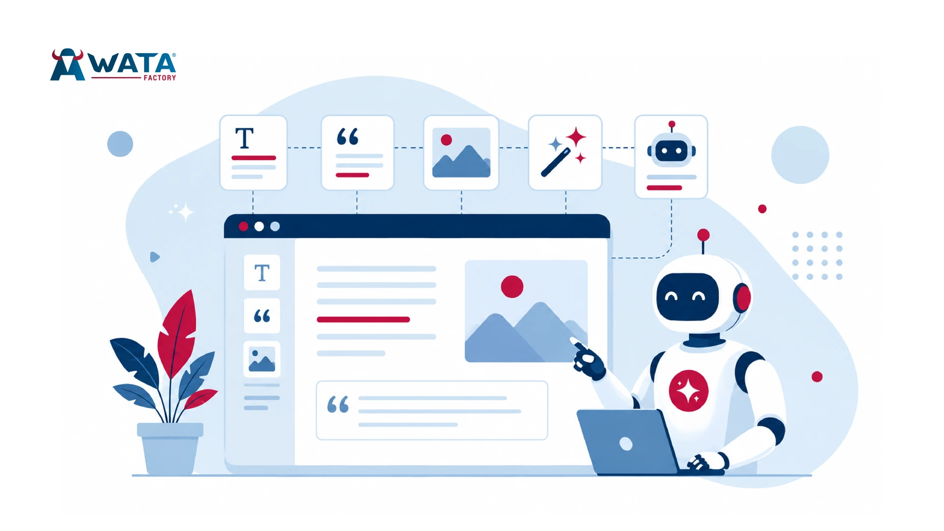 Illustration of an AI assistant helping create and manage content in WordPress 7.