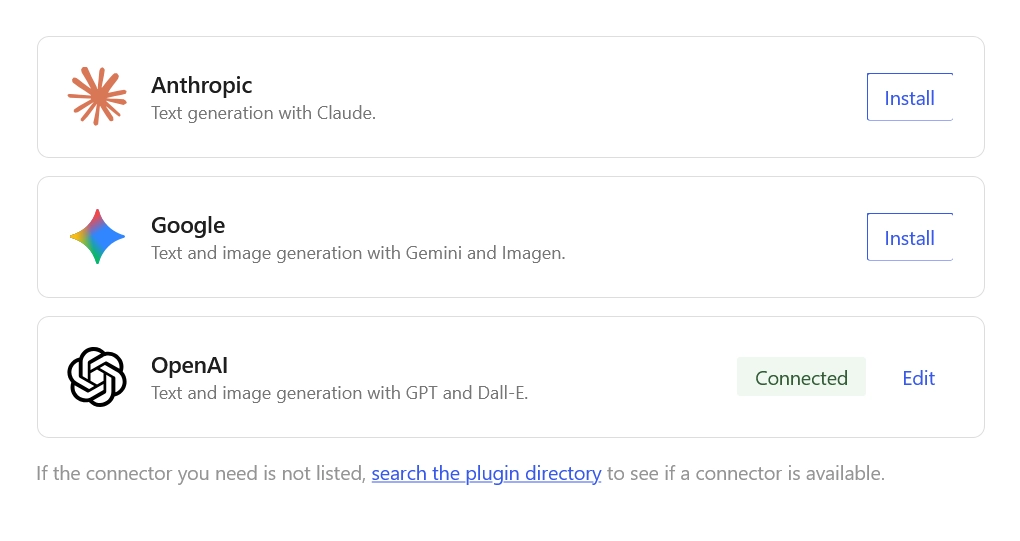List of AI connector plugins in WordPress showing Anthropic, Google, and OpenAI with install and connection status.
