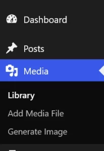 WordPress Media menu showing the "Generate Image" option below the media library.