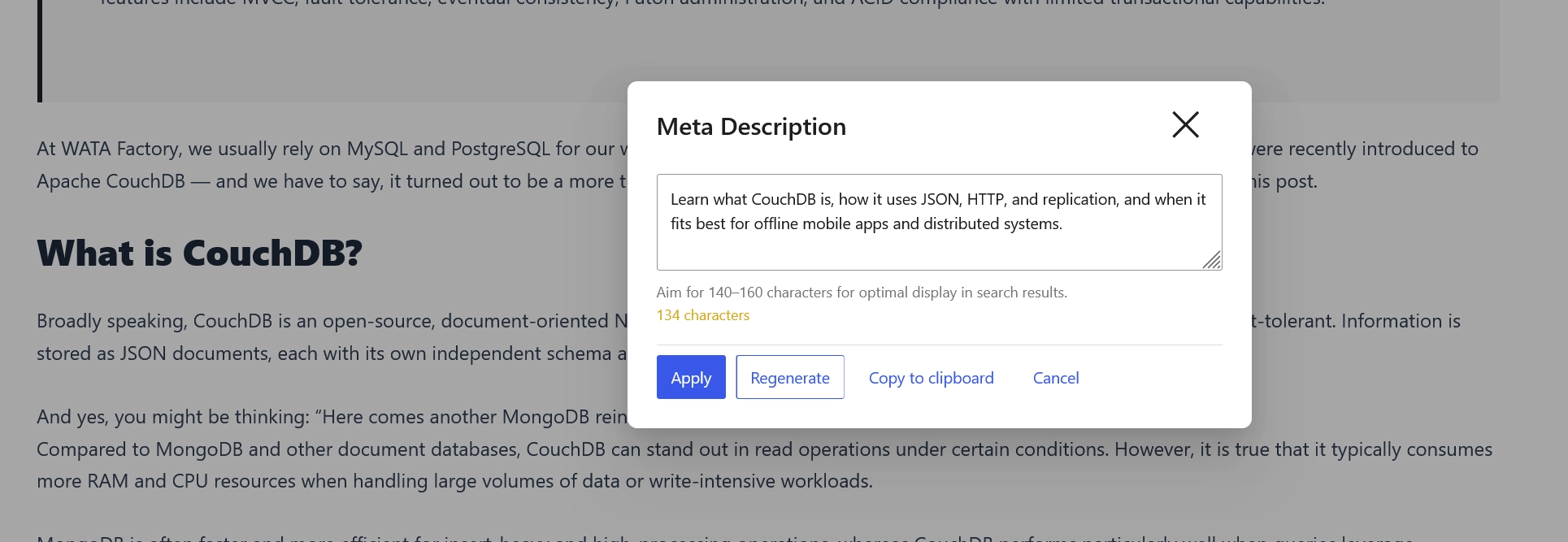 WordPress meta description popup showing an AI-generated SEO description with character count and apply options.