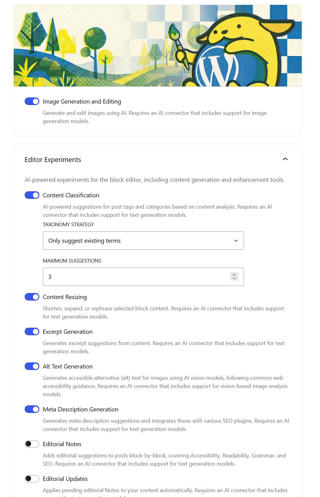 WordPress AI plugin settings page with toggles for image generation, content classification, excerpt, alt text, and meta description features.