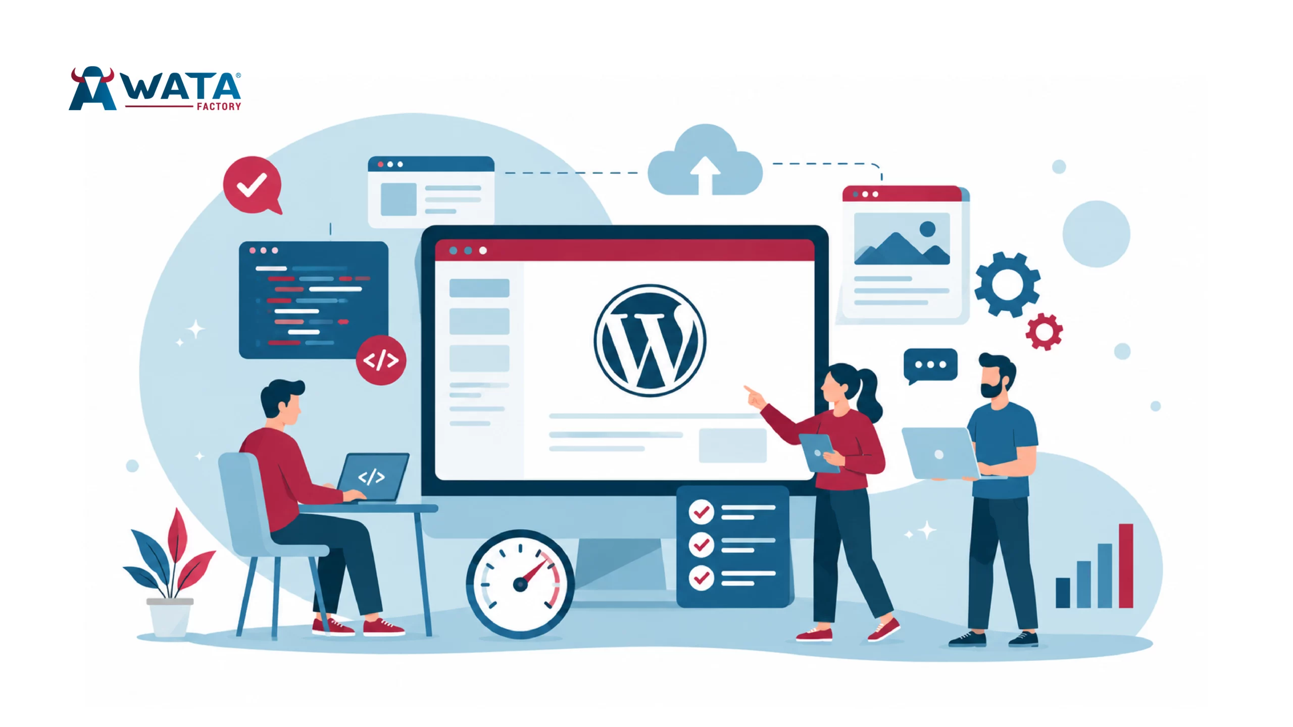 Illustration of a WordPress 7.0 website update and management.