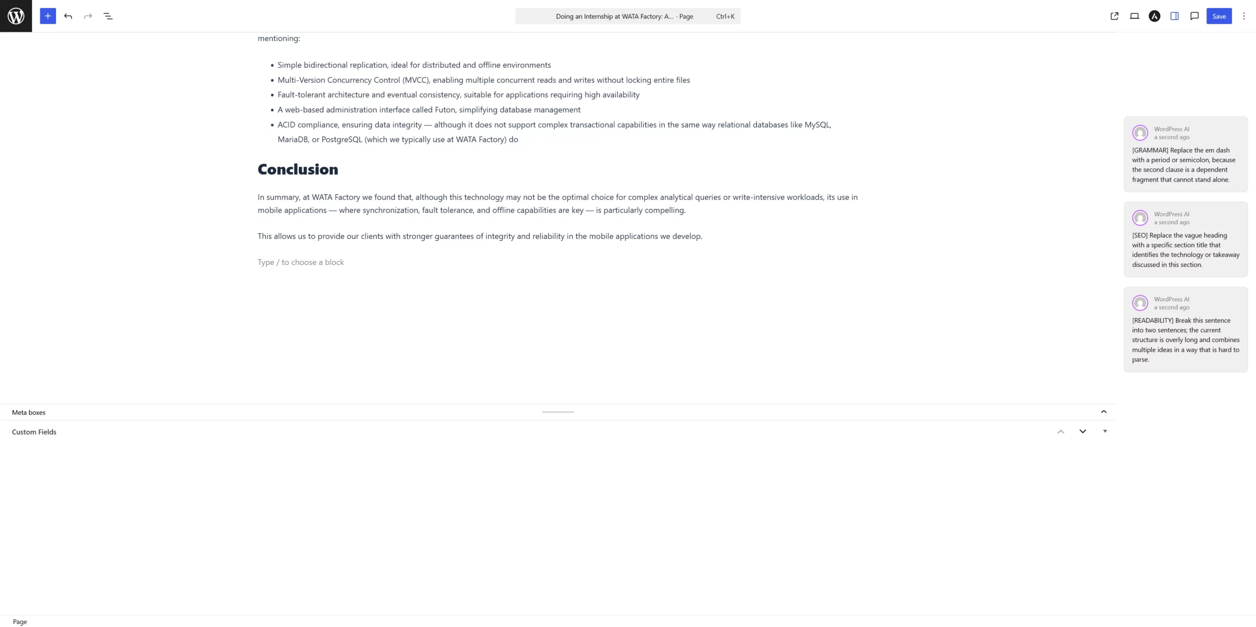 WordPress block editor displaying AI-generated editorial suggestions for grammar, SEO, and readability in the sidebar.