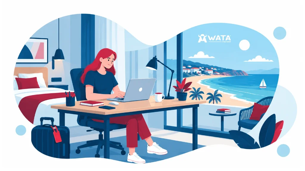 Illustration of a professional working from a hotel room overlooking the beach, representing the concept of workation.