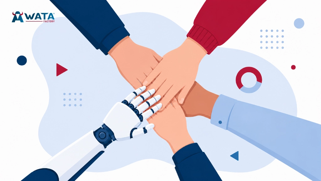 Illustration of four human hands and one robotic hand joined together in the centre, symbolising collaboration between people and artificial intelligence at WATA Factory.